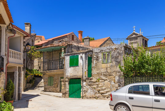 Combarro, Spain. Scenic view of the old town with a traditional horreo barn