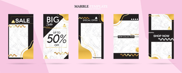 Fototapeta na wymiar set of Instagram stories template pack with luxury trendy marble texture, can use for sale banner, photo, mobile app, website, landing page, flyer, fashion ads, promotion background. - Vector
