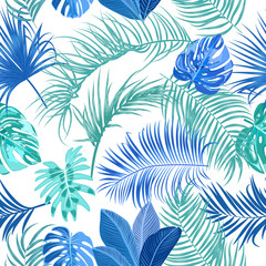 Tropical jungle palm leaves vector seamless pattern, blue and green colors