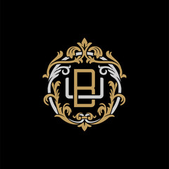 Initial letter U and B, UB, BU, decorative ornament emblem badge, overlapping monogram logo, elegant luxury silver gold color on black background