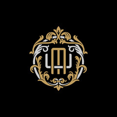 Initial letter U and M, UM, MU, decorative ornament emblem badge, overlapping monogram logo, elegant luxury silver gold color on black background