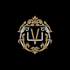 Initial letter U and V, UV, VU, decorative ornament emblem badge, overlapping monogram logo, elegant luxury silver gold color on black background