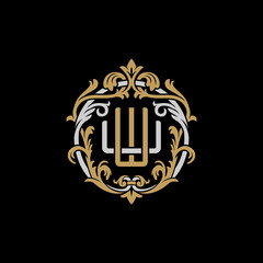 Initial letter U and W, UW, WU, decorative ornament emblem badge, overlapping monogram logo, elegant luxury silver gold color on black background