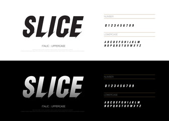 Obraz premium Modern abstract font alphabet numbers italic set. Technology and sport split concept graphic element