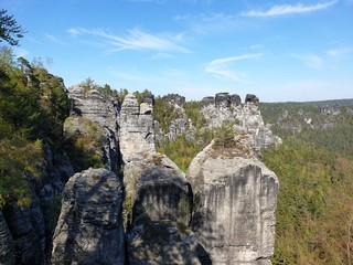 Panorama of Elbe Sandstone Mountains in beautiful Saxon Switzerland near Bohemian Switzerland in Germany