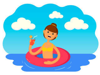 Obraz na płótnie Canvas Girl with a cocktail swims with an inflatable circle