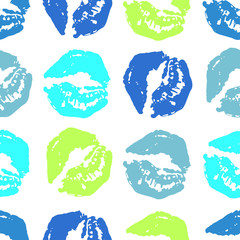 Seamless pattern of lipstick prints on a white background. Print kisses. Vector image.