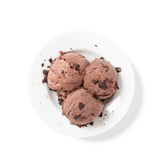 Bowl of chocolate ice cream isolated on white background. 