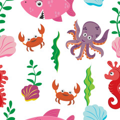 multi-colored children's seamless pattern of figures of marine life: crab, shark, seahorse, octopus