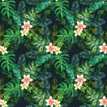 Tropical summer. Watercolor illustration. Beautiful postcard for you, set, handmade. seamless pattern, dark  background.Different leaves and flowers