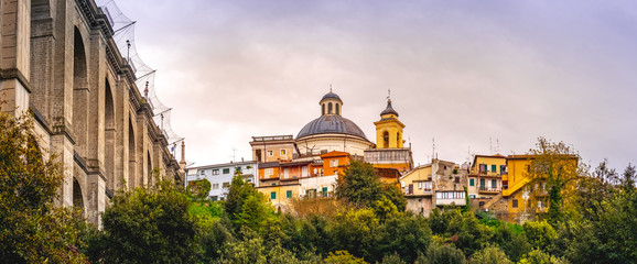 Ariccia bridge and village skyline panoramic horizontal rome suburb in Lazio on Castelli Romani