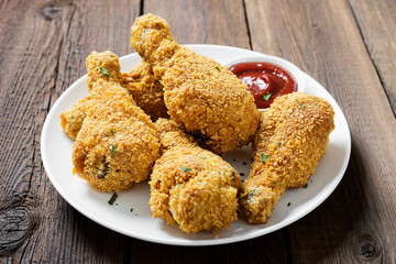 Crispy  fried chicken drumsticks  in a wooden table.