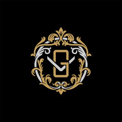 Initial letter V and G, VG, GV, decorative ornament emblem badge, overlapping monogram logo, elegant luxury silver gold color on black background