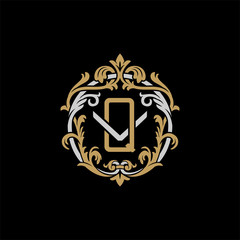 Initial letter V and Q, VQ, QV, decorative ornament emblem badge, overlapping monogram logo, elegant luxury silver gold color on black background