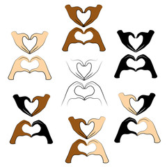 Collection. Human hands are folded in the shape of a heart. People of different nationalities. Valentine s Day. Vector illustration set