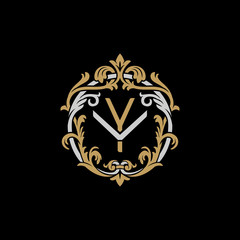 Initial letter V and Y, VY, YV, decorative ornament emblem badge, overlapping monogram logo, elegant luxury silver gold color on black background