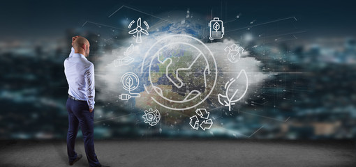 Businessman in front of a World globe surronding by ecology icons and connection 3d rendering