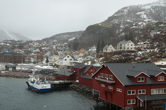 Ornes Norway, view of a coastal town on a gloomy winter day