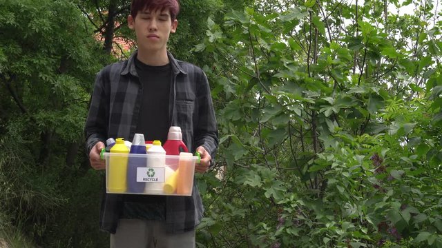 Cleaning product plastic containers for house clean. Resin identification code 2. Collecting, sorting and recycling of domestic waste. Municipal (household) kerbside sorted recyclables