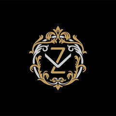 Initial letter V and Z, VZ, ZV, decorative ornament emblem badge, overlapping monogram logo, elegant luxury silver gold color on black background