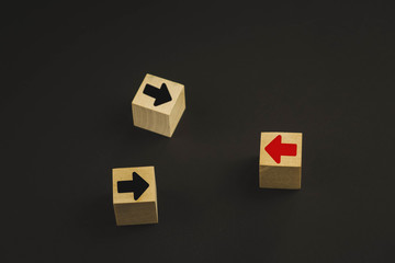 wooden cubes on the table are red and black, red means growth and development, and black arrow means fall and degradation, extinction, regression.