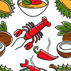 Thailand food fruits vegetables and seafood seamless pattern