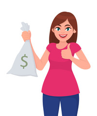 Happy girl, woman or female holding/showing cash, money, currency note bag with dollar icon and showing, making or gesturing thumbs up sign. Good, like, positive, agree, approve, modern lifestyle.