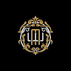 Initial letter W and M, WM, MW, decorative ornament emblem badge, overlapping monogram logo, elegant luxury silver gold color on black background