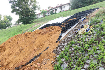 Slope erosion control grids, sheets and earth on steep slope