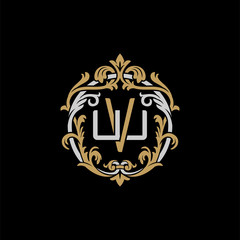 Initial letter W and V, WV, VW, decorative ornament emblem badge, overlapping monogram logo, elegant luxury silver gold color on black background
