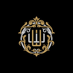 Initial letter W and W, WW, decorative ornament emblem badge, overlapping monogram logo, elegant luxury silver gold color on black background