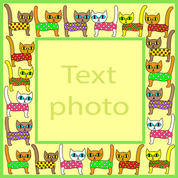 Original frame for photos and text. Picture of pretty colorful kittens. The frame is suitable for gift for both adults and children. Vector illustration