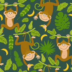 Seamless pattern with cute monkeys from the jungle