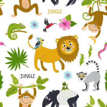 Seamless pattern with cute animals from the jungle
