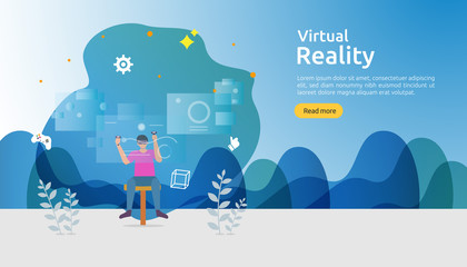 Virtual augmented reality. people character touching VR interface and wearing goggle playing games, education, entertaining, learning. template banner, presentation, promotion poster or print media.