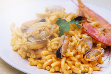 Fideua of seafood, clams, prawns and mussels