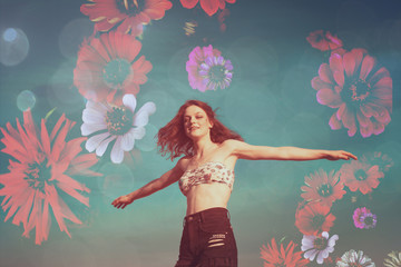 young woman enjoy in summer day outdoor sky and flowers background double exposure