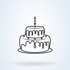 Birthday cake flat style line art. icon isolated on white background. Vector illustration