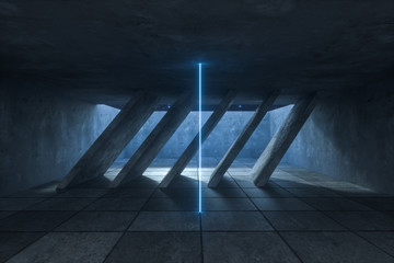 3d rendering, glowing magic lines in abandoned room, dark background
