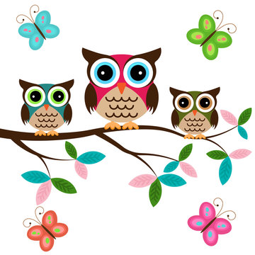Owl family on a tree with butterflies