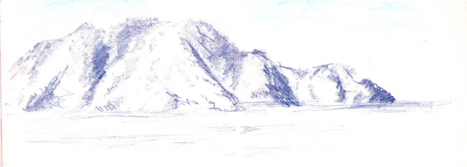 Fototapeta na wymiar Simple gentle sketch. Mountains on the island in Marmaris, Turkey. Pencil, art, drawing, landscape