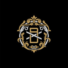 Initial letter X and B, XB, BX, decorative ornament emblem badge, overlapping monogram logo, elegant luxury silver gold color on black background