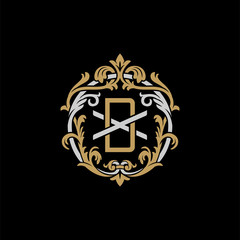 Initial letter X and D, XD, DX, decorative ornament emblem badge, overlapping monogram logo, elegant luxury silver gold color on black background