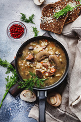 Hot meat vegetable mushroom soup with beef and wholegrain barley. With black bread, in metal pan, top view, gray kitchen table, copy space