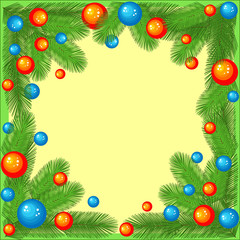 Original frame for photos and text. Branches of a Christmas tree decorated with bright balls create a festive mood. A wonderful gift for Christmas and New Year. Vector illustration
