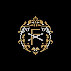 Initial letter X and F, XF, FX, decorative ornament emblem badge, overlapping monogram logo, elegant luxury silver gold color on black background