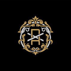 Initial letter X and R, XR, RX, decorative ornament emblem badge, overlapping monogram logo, elegant luxury silver gold color on black background