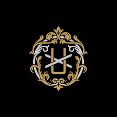 Initial letter X and U, XU, UX, decorative ornament emblem badge, overlapping monogram logo, elegant luxury silver gold color on black background