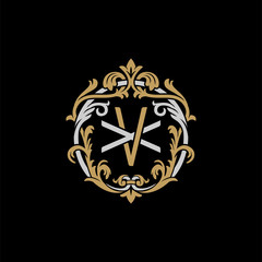Initial letter X and V, XV, VX, decorative ornament emblem badge, overlapping monogram logo, elegant luxury silver gold color on black background