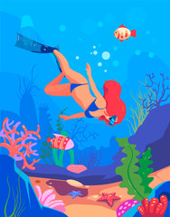 Fototapeta na wymiar Diver. Underwater world. Girl dive